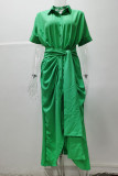 Зеленое повседневное однотонное платье-рубашка в стиле пэчворк с отложным воротником и пряжкой Платья Платья