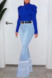 Tiefblaue, lässige Street Solid Quasten-Patchwork-Denim-Jeans mit hoher Taille