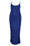 カラフルなブルーのセクシーなソリッドパッチワークスパゲッティストラップワンステップスカートプラスサイズのドレス