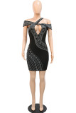 Black Fashion Sexy Patchwork Hot Drilling Hollowed Out Backless V Neck Sleeveless Dress Dresses