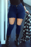 Donkerblauwe casual straat effen uitgeholde patchwork kettingen hoge taille denim jeans