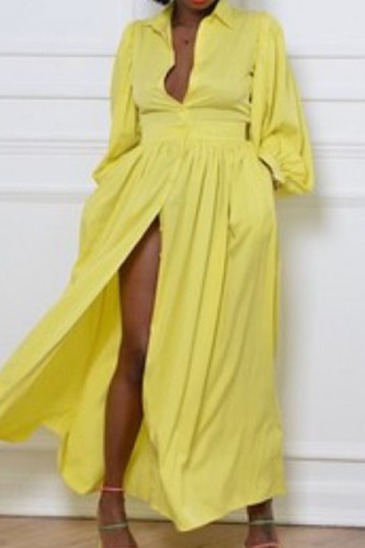 Robes de robe de chemise à col rabattu décontractées en patchwork solide jaune