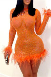 Oranje Mode Sexy Patchwork Hot Drilling See-through Feathers O Neck Lange Mouwen Jurken