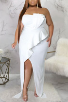Witte sexy effen patchwork ruche split asymmetrische strapless avondjurk plus size jurken