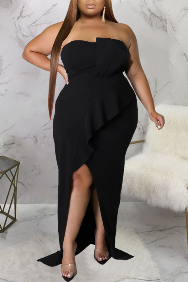 黒のセクシーなソリッドパッチワークフラウンススリット非対称ストラップレスイブニングドレスプラスサイズのドレス