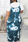 Inktgroen Casual Print Tie Dye Patchwork O-hals Plus Size Two Pieces