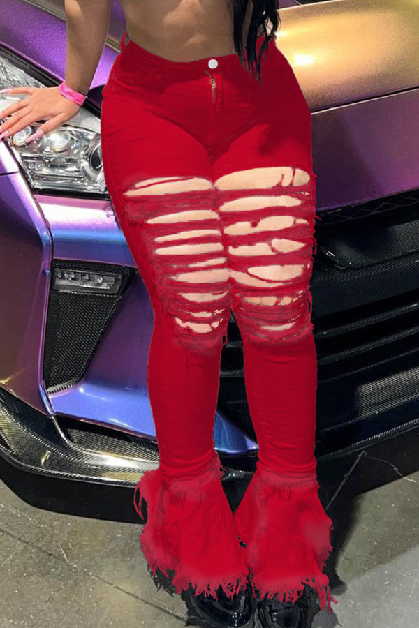 Красные сексуальные уличные однотонные рваные джинсы в стиле пэчворк с высокой талией