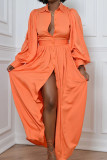 Tangerine Red Casual Solid Patchwork Buckle Turndown Collar Shirt Dress Robes