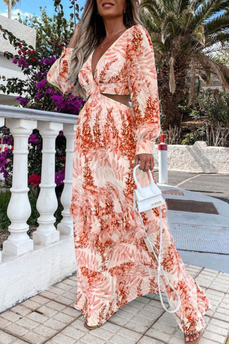 Orange Casual Vacation Print Hollowed Out Patchwork V Neck Straight Dresses