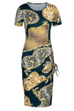 Gouden sexy print patchwork trekkoord spleet O-hals rechte jurken