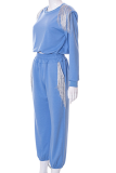 Синий Мода Твердые Кисточкой O-образным вырезом с длинным рукавом Из двух частей