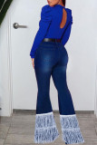 Deep Blue Casual Street Solid Tassel Patchwork High Waist Denim Jeans