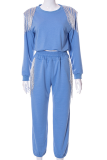 Blue Fashion Solid Tassel O Neck Long Sleeve Two Pieces