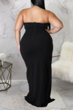Schwarzes, sexy, solides Patchwork-Volant mit Schlitz, asymmetrisches, trägerloses Abendkleid, Kleider in Übergröße