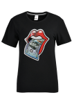 Black Fashion Casual Lips Printed Patchwork O Neck T-Shirts