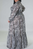 Vestidos de talla grande rectos con cuello vuelto de retazos con estampado informal gris