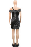 Black Fashion Sexy Patchwork Hot Drilling Hollowed Out Backless V Neck Sleeveless Dress Dresses