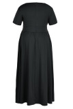 ブラックカジュアルソリッドパッチワークOネックAラインプラスサイズのドレス（ベルトなし）