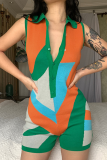 Ink Green Sexy Print Patchwork Turndown Collar Skinny Rompers