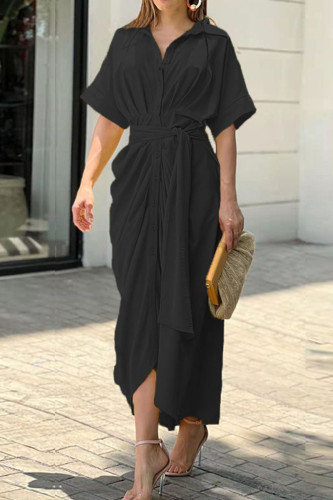 Черное повседневное однотонное платье-рубашка в стиле пэчворк с отложным воротником и пряжкой