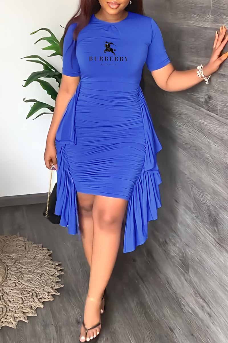 

Royal Blue Fashion Elegant Letter Print Fold O Neck One Step Skirt Dresses