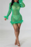 Green Fashion Sexy Patchwork Hot Drilling See-through Feathers O Neck Long Sleeve Dresses