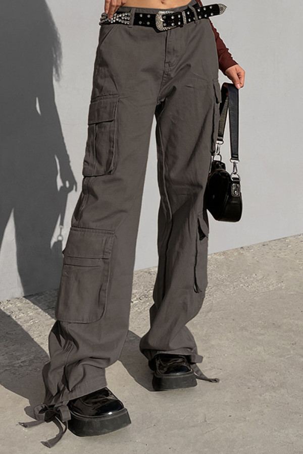 Pantalones de color liso rectos de cintura alta con bolsillo de retazos lisos de calle gris