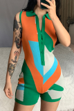 Ink Green Sexy Print Patchwork Turndown Collar Skinny Rompers