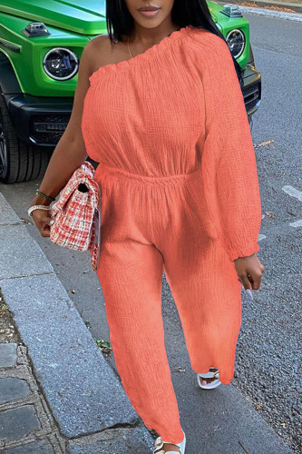 Tangerine Red Casual Solid Patchwork Oblique Collar Straight Jumpsuits