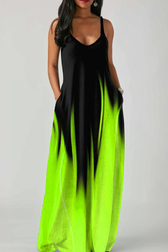 蛍光グリーンカジュアルプリントパッチワークスパゲッティストラップスリングドレスドレス