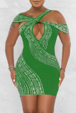 Grüne Art und Weise reizvolles Patchwork-heißes Bohren ausgehöhltes rückenfreies ärmelloses Kleid mit V-Ausschnitt