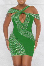 Green Fashion Sexy Patchwork Hot Drilling Hollowed Out Backless V Neck Sleeveless Dress Dresses