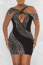 Schwarze Mode Sexy Patchwork Heißbohren Ausgehöhltes Rückenfreies V-Ausschnitt Ärmelloses Kleid Kleider