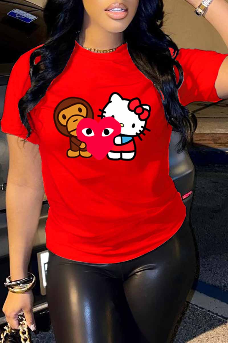 

Red Fashion Street Character Print Patchwork O Neck T-Shirts