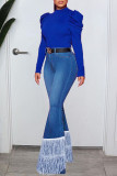 Diepblauwe Casual Street Solid Patchwork Denim Jeans Met Hoge Taille
