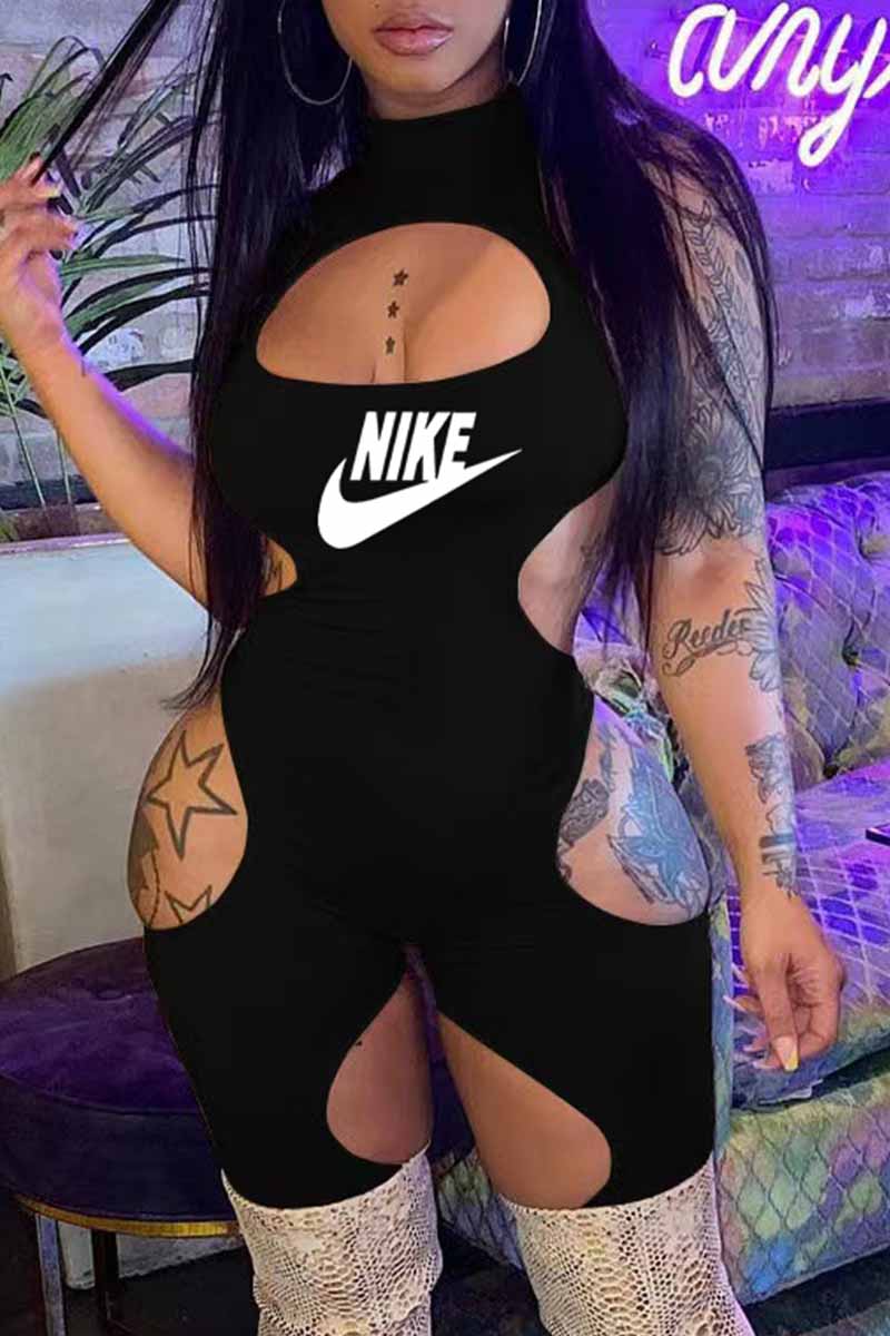 

Black Fashion Sexy Print Hollowed Out Letter O Neck Jumpsuits