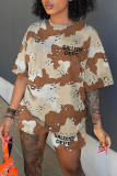 Khaki Casual Print Camouflage Print Patchwork O Neck Short Sleeve Two Pieces