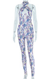 Colour Sexy Print Patchwork Backless Halter Skinny Jumpsuits