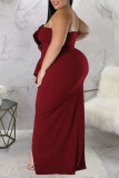 Бордовое сексуальное однотонное лоскутное вечернее платье с воланом и разрезом, асимметричное вечернее платье без бретелек, платья больших размеров