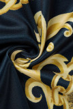 Gouden sexy print patchwork trekkoord spleet O-hals rechte jurken