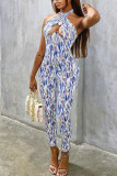Color Sexy Print Patchwork Backless Halter Skinny Jumpsuits