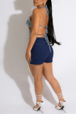 Blaue Casual Street Solide Patchwork-Ketten Denim-Shorts mit hoher Taille