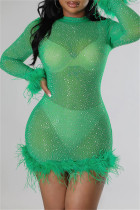 Green Fashion Sexy Patchwork Hot Drilling Plumes transparentes O Neck Robes à manches longues
