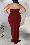 Бордовое сексуальное однотонное лоскутное вечернее платье с воланом и разрезом, асимметричное вечернее платье без бретелек, платья больших размеров