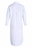 Blanco moda adulto Ma'am Street camisa mangas largas Turndown Collar asimétrico tobillo-longitud Patchwork vestidos sólidos