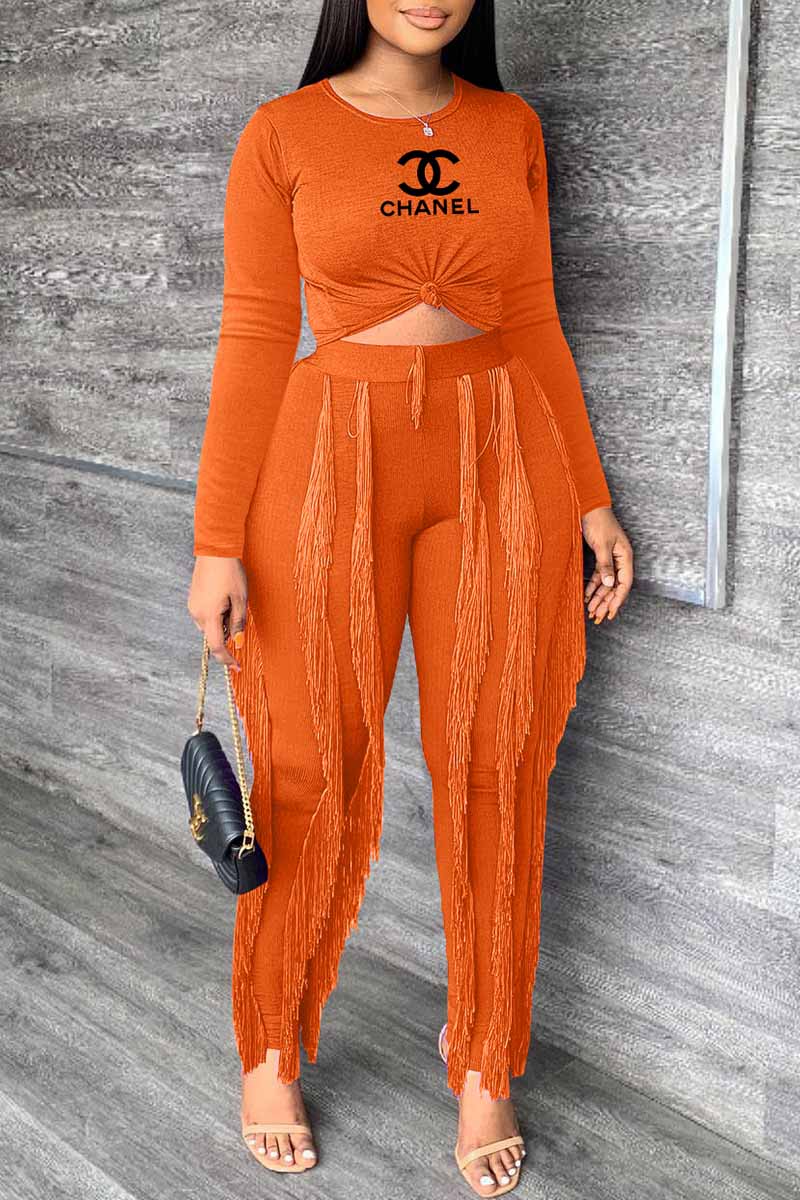 

Orange Fashion Elegant Print Tassel Patchwork O Neck Long Sleeve Two Pieces