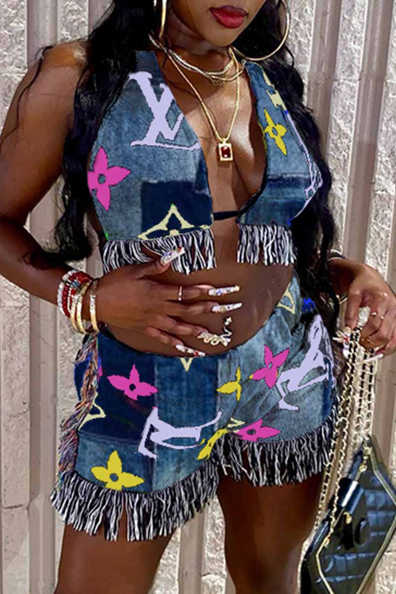 

The cowboy blue Fashion Street Print Tassel Backless V Neck Sleeveless Two Pieces