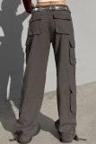 Khaki Street Solid Patchwork-ficka Hög midja Rak enfärgad bottnar