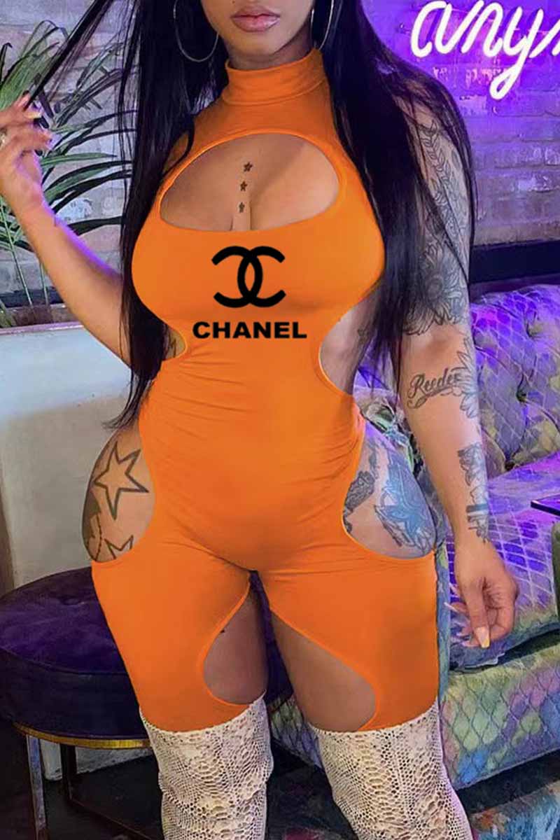 

Orange Fashion Sexy Print Hollowed Out Letter O Neck Jumpsuits