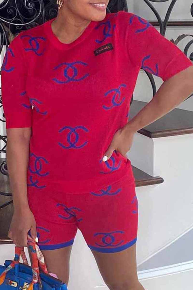 

Red Fashion Casual Letter Patchwork O Neck Short Sleeve Two Pieces